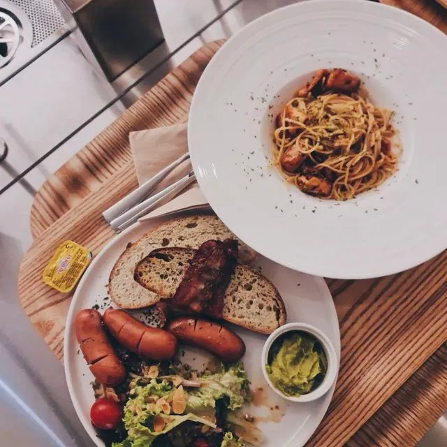 Brunch dishes and coffee on the table